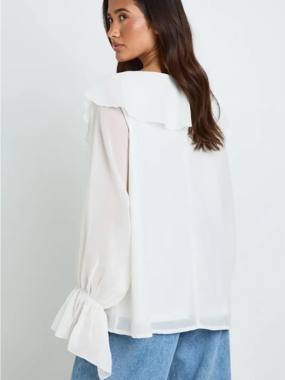 J.Crew Ivory Ruffle Neck Scoop neck  Long Sleeve Blouse